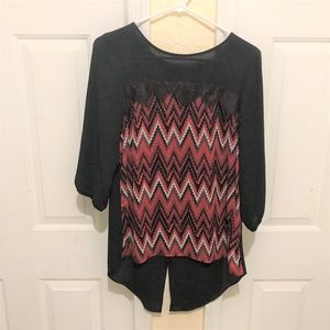 I.N. Studio Black & Red Zigzag Sheer ChiffonBlouse